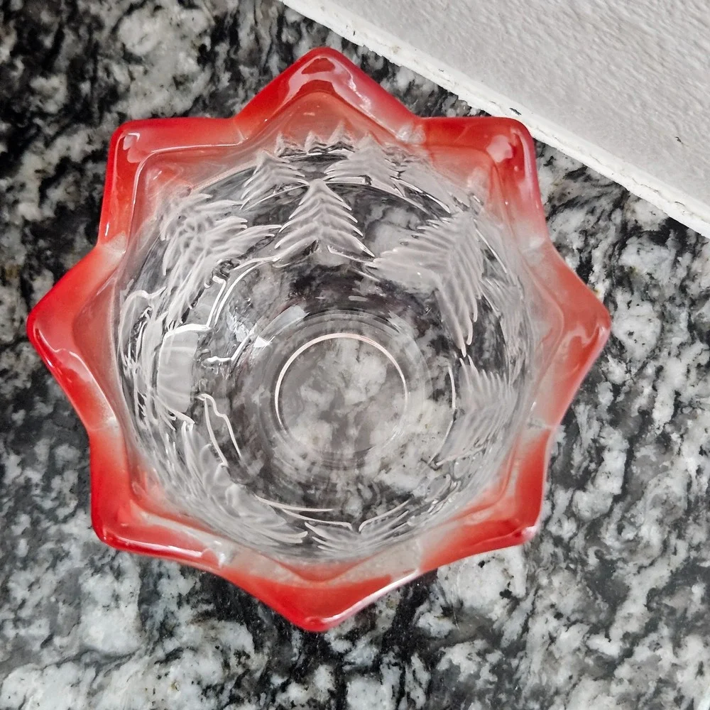 Vintage Red Trimmed Frosted Glass Candle Holder Winter‎ Scene Christmas Decor
